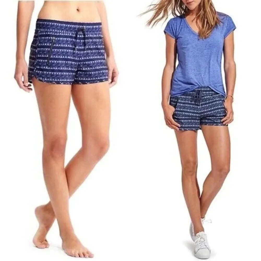 Athleta Ikat Sway Shorts- Medium-blue and white-print-VNC